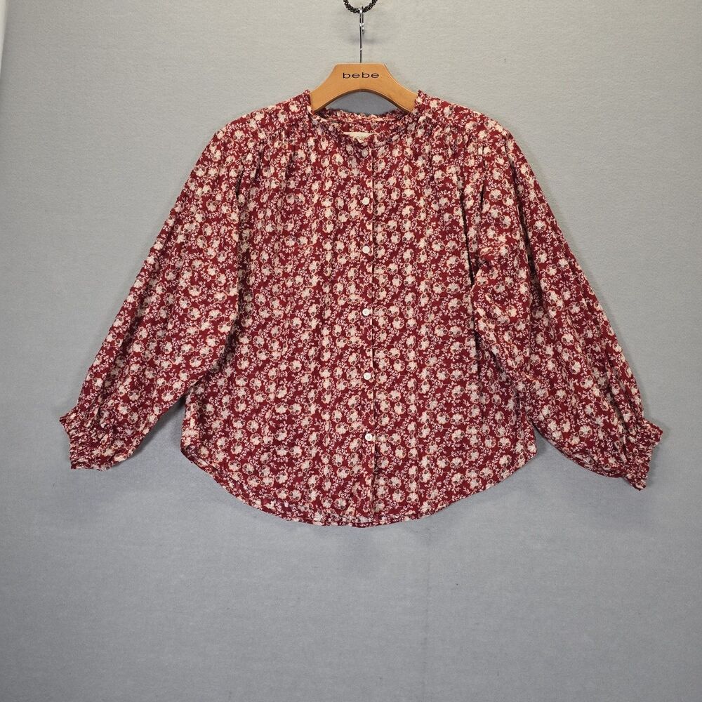 LOFT Shirt Blouse Floral Long Sleeve Ruffle Red/White Button Up Size SP